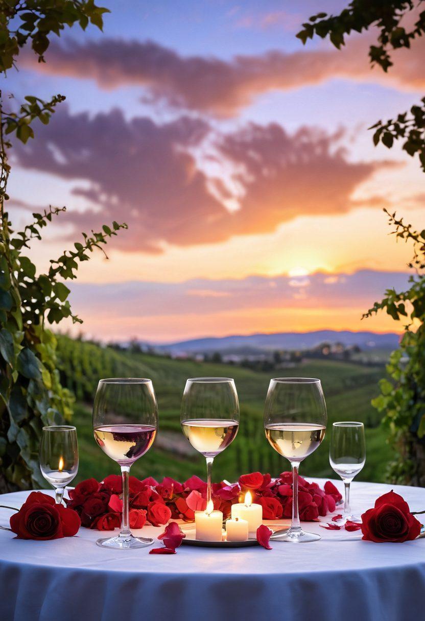 A romantic setting with a beautifully set table for two, adorned with wine glasses filled with red and white wine, surrounded by flickering candles and rose petals. In the background, a picturesque vineyard under a sunset sky, evoking a feeling of intimacy and connection. A couple clinking their wine glasses together, celebrating love amidst the scenic beauty. Soft, warm lighting to enhance the cozy atmosphere. super-realistic. vibrant colors.