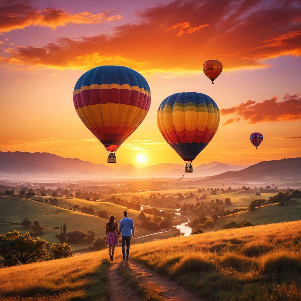 A warm scene of a couple enjoying a unique outing, such as a hot air balloon ride over a vibrant sunset. They are laughing together, holding hands, with joy in their eyes. Surrounding them are colorful balloons and an expansive view of nature below that reflects togetherness. Use bright, uplifting colors to enhance the emotional connection. super-realistic. vibrant colors. sunset backdrop.
