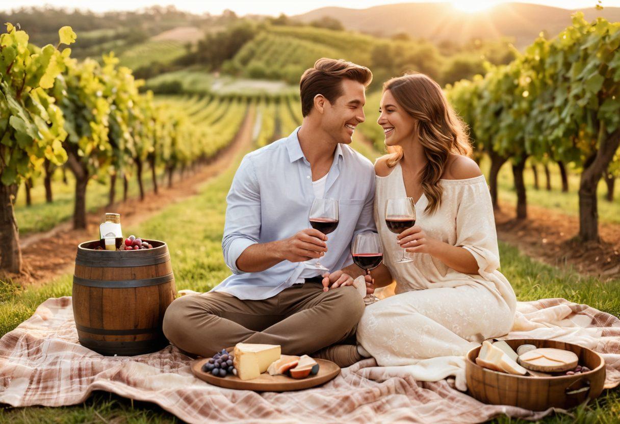 A romantic scene featuring a couple smiling and clinking wine glasses amidst a beautiful vineyard setting, surrounded by lush grapevines and soft sunset lighting. Elegant wooden wine barrels and a picnic blanket with a cheese platter are seen in the foreground, creating an intimate atmosphere. The couple wears casual yet stylish attire, embodying joy and connection. whimsical art style. warm tones. soft focus.
